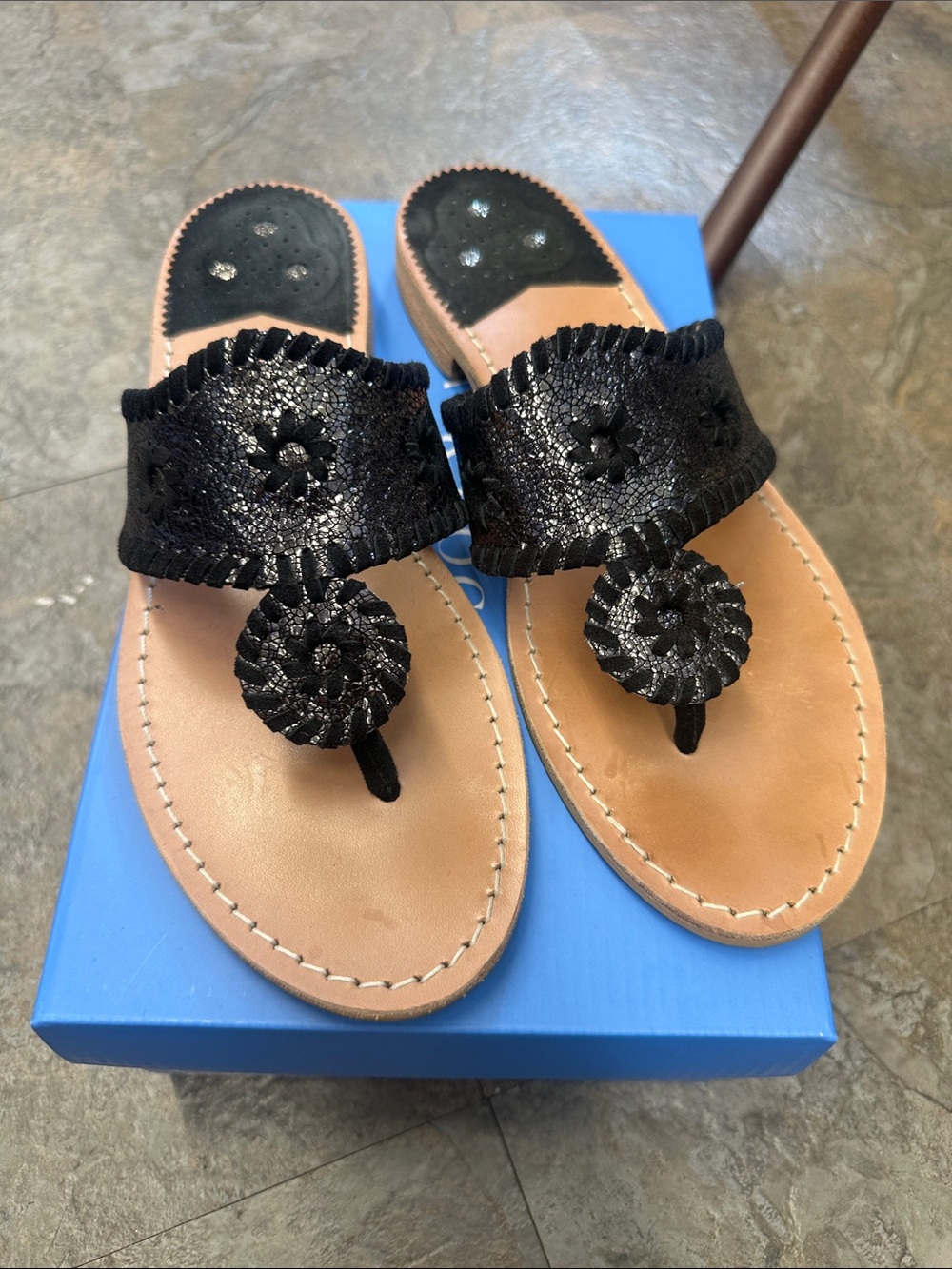 Jack Rogers Black Leather Embroidered Toe-Post Sandals with Tan Footbed